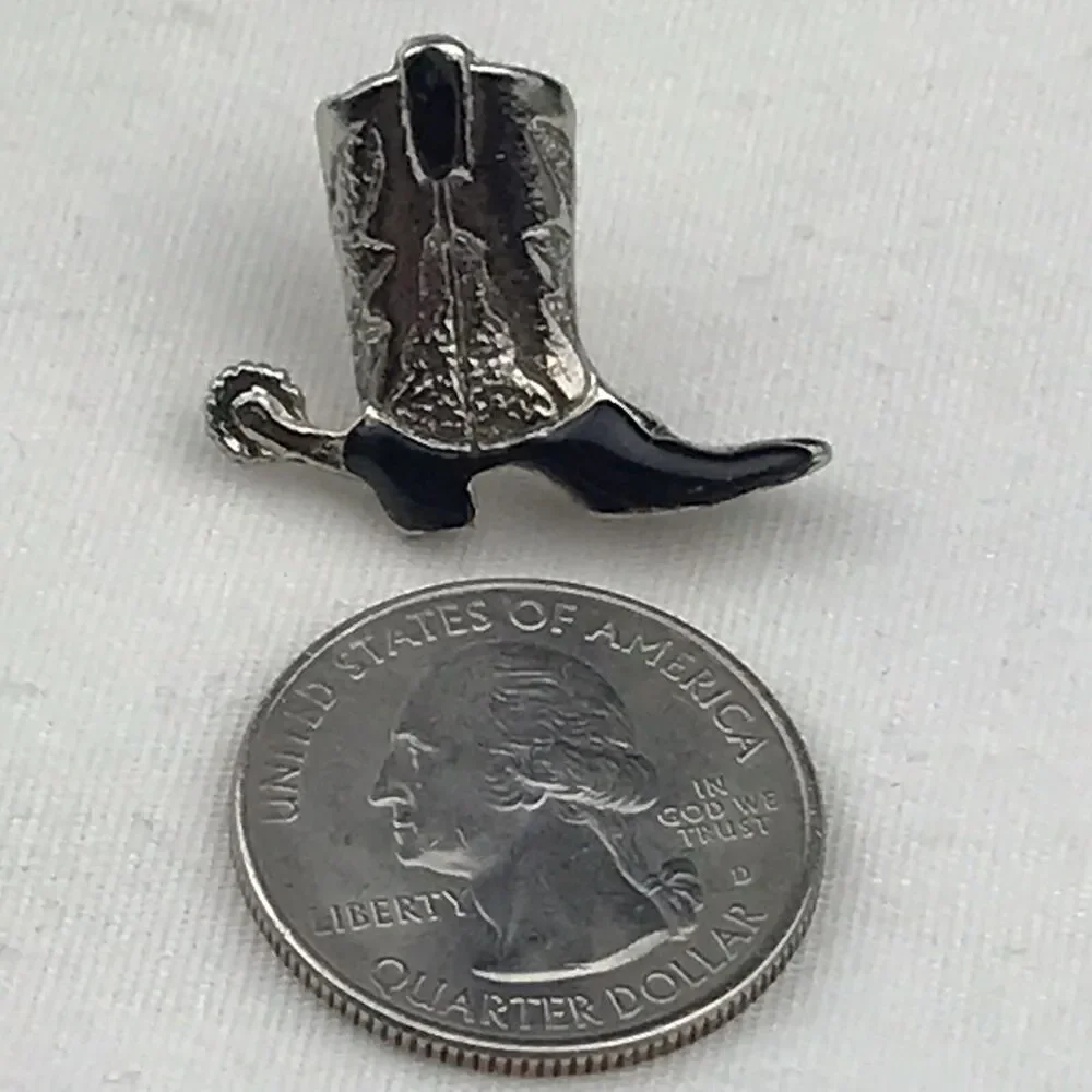 Boot With Spur Vintage Pin Brooch Silver Tone Black Enamel With Spur Cowboy West